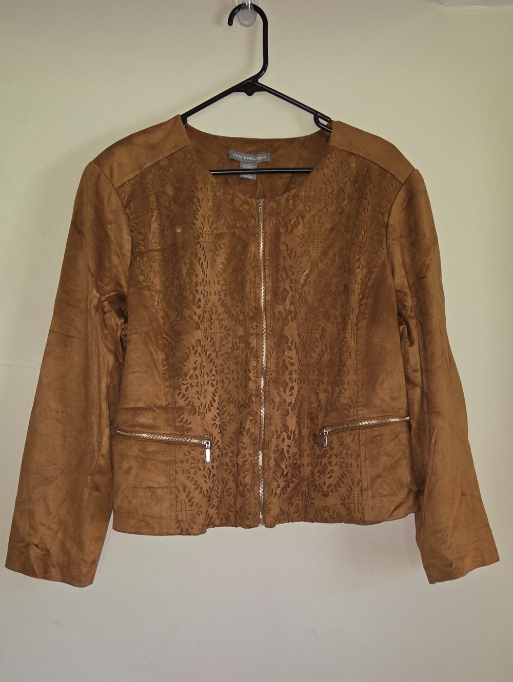 Kate & Mallory Chestnut Brown Laser-Cut Faux Suede Zip Jacket